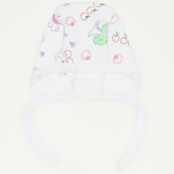 White baby bonnet with purple animals print