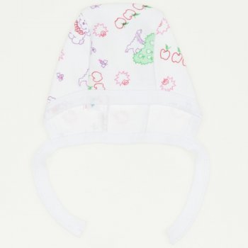 White baby bonnet with purple animals print