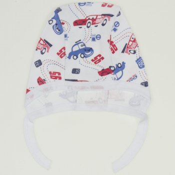 White baby bonnet with cars print