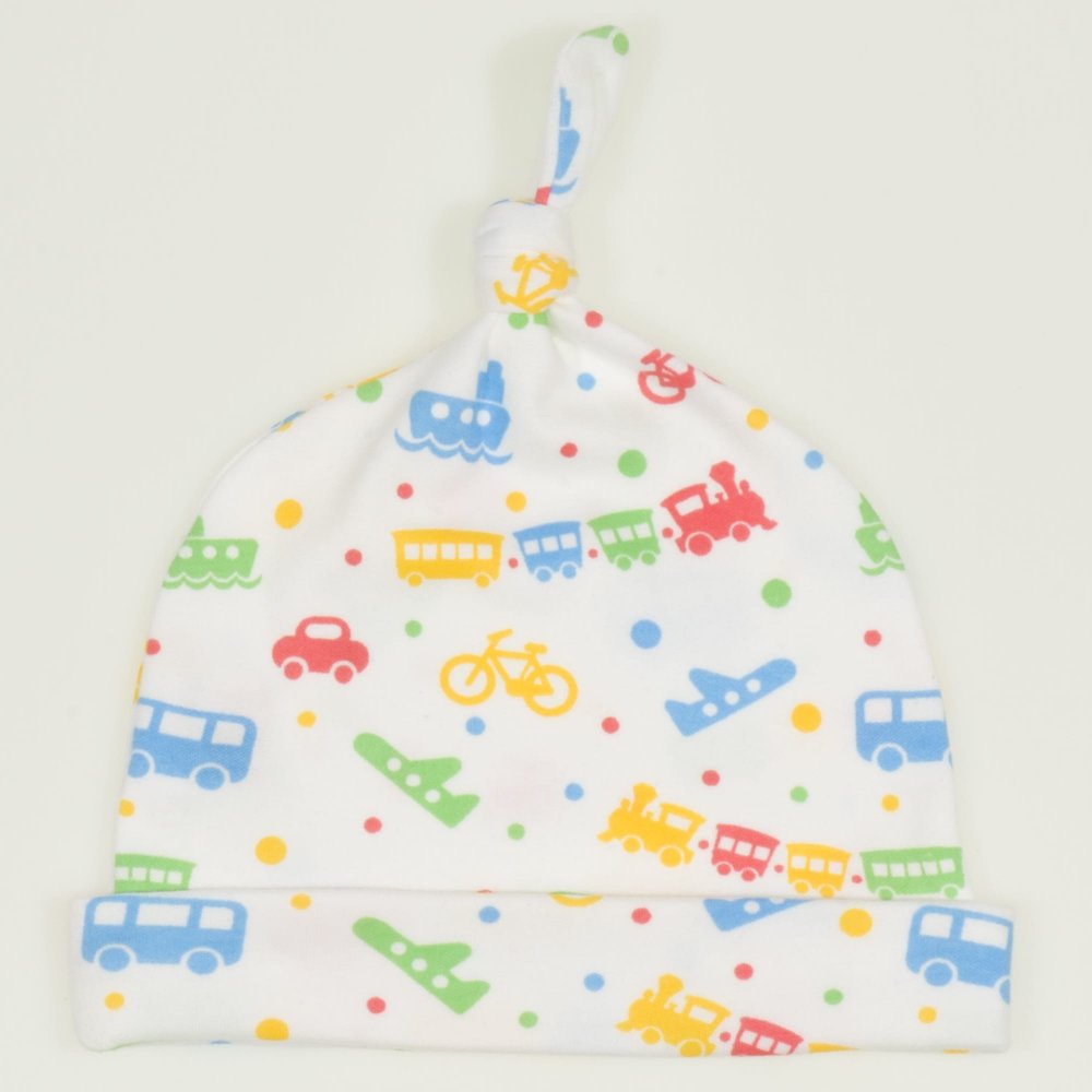  White baby hat with tassel with transport toys print | liloo