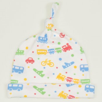  White baby hat with tassel with transport toys print