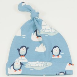 Aqua organic cotton baby hat with tassel with penguins print