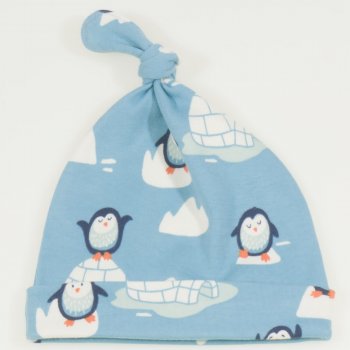 Aqua organic cotton baby hat with tassel with penguins print | liloo