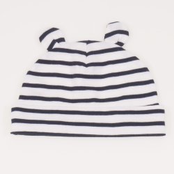 White baby hat with toy ears with black stripes