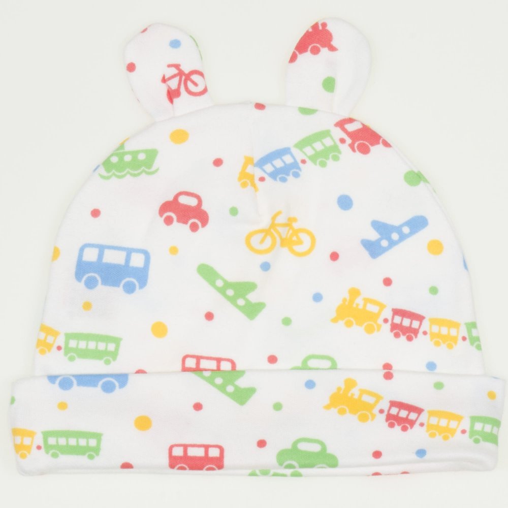 White baby hat with toy ears with transport toys print  | liloo