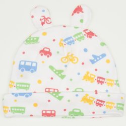 White baby hat with toy ears with transport toys print