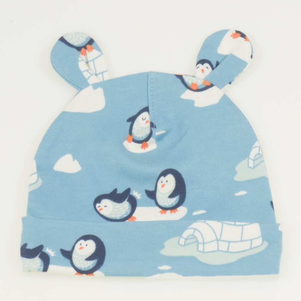 Aqua organic cotton baby hat with ears with penguins print | liloo