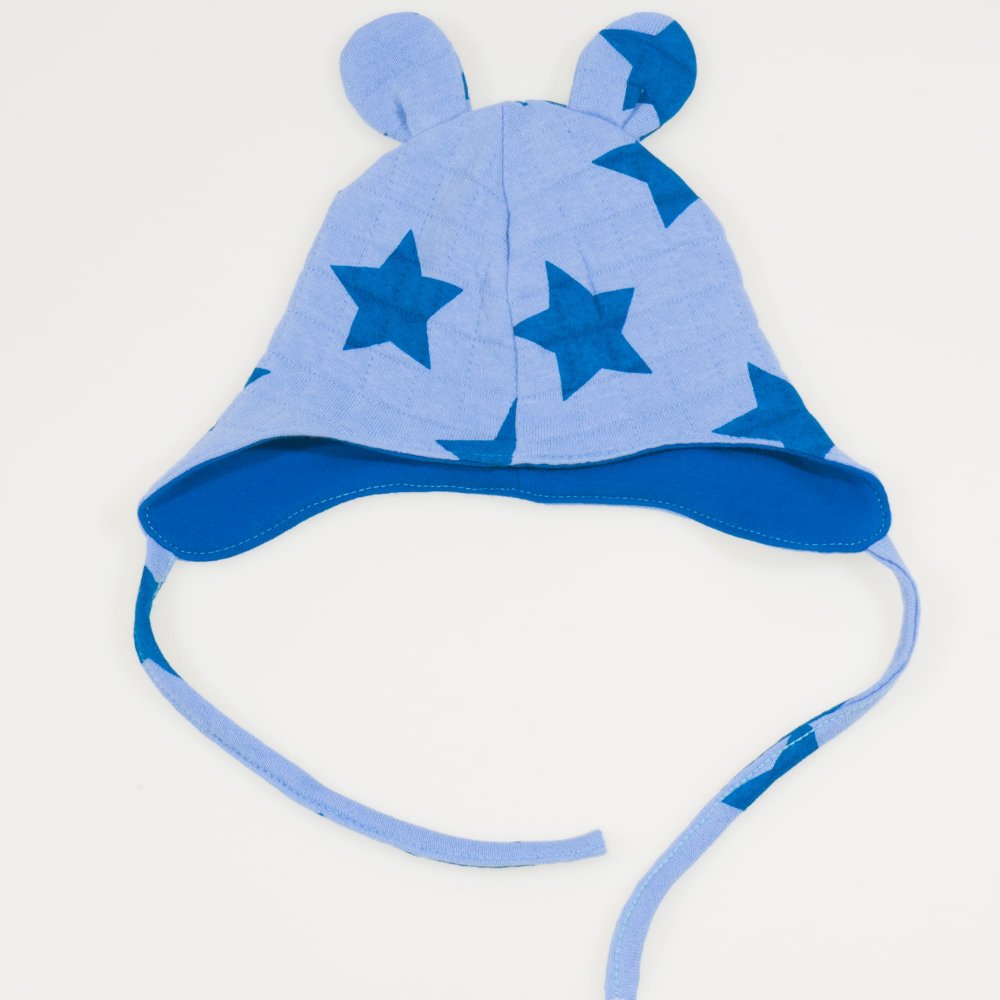 Blue organic cotton baby hat with toy ears with stars print | liloo