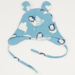 Aqua organic cotton baby hat with toy ears with penguins print
