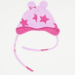 Pink organic cotton baby hat with toy ears with stars print