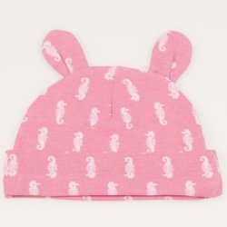 Salmon baby hat with toy ears with sea horses print