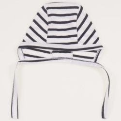 White baby bonnet with black stripes