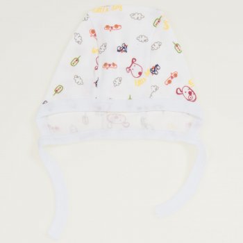 White baby bonnet with little dog print