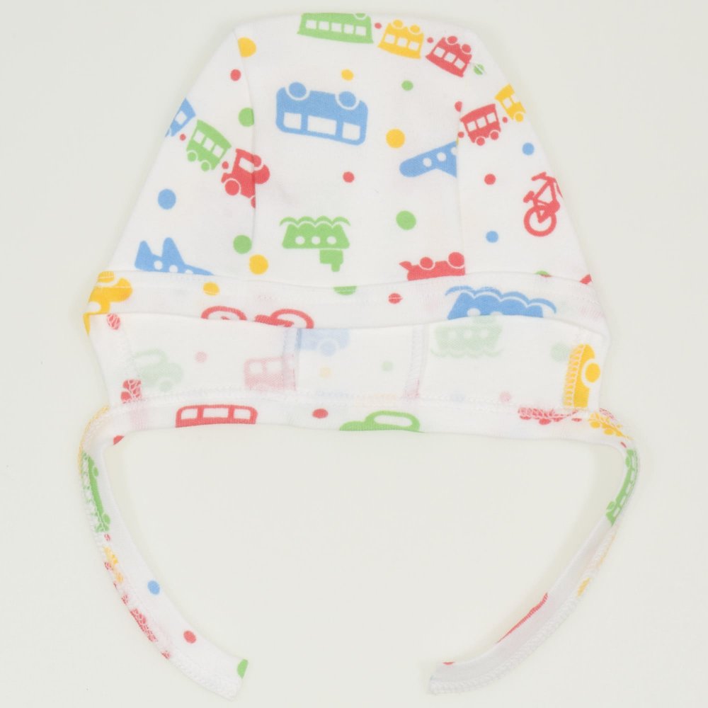 White baby bonnet  with transport toys print| liloo 