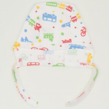 White baby bonnet  with transport toys print