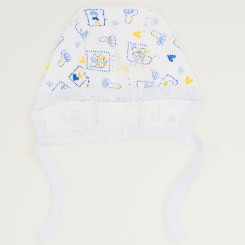 White baby bonnet with blue kittens print | liloo