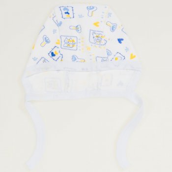 White baby bonnet with blue kittens print