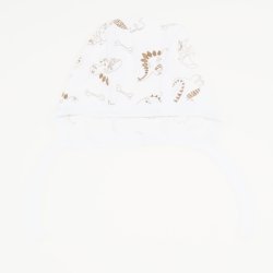 White baby bonnet with dinosaurs print