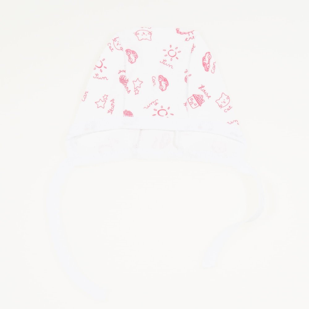 White baby bonnet with red cars and houses print  | liloo