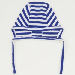 White organic cotton baby bonnet with blue stripes print