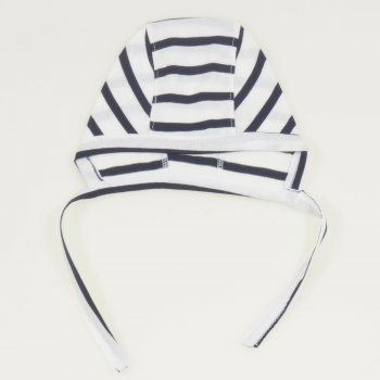 White organic cotton baby bonnet  with navy stripes print