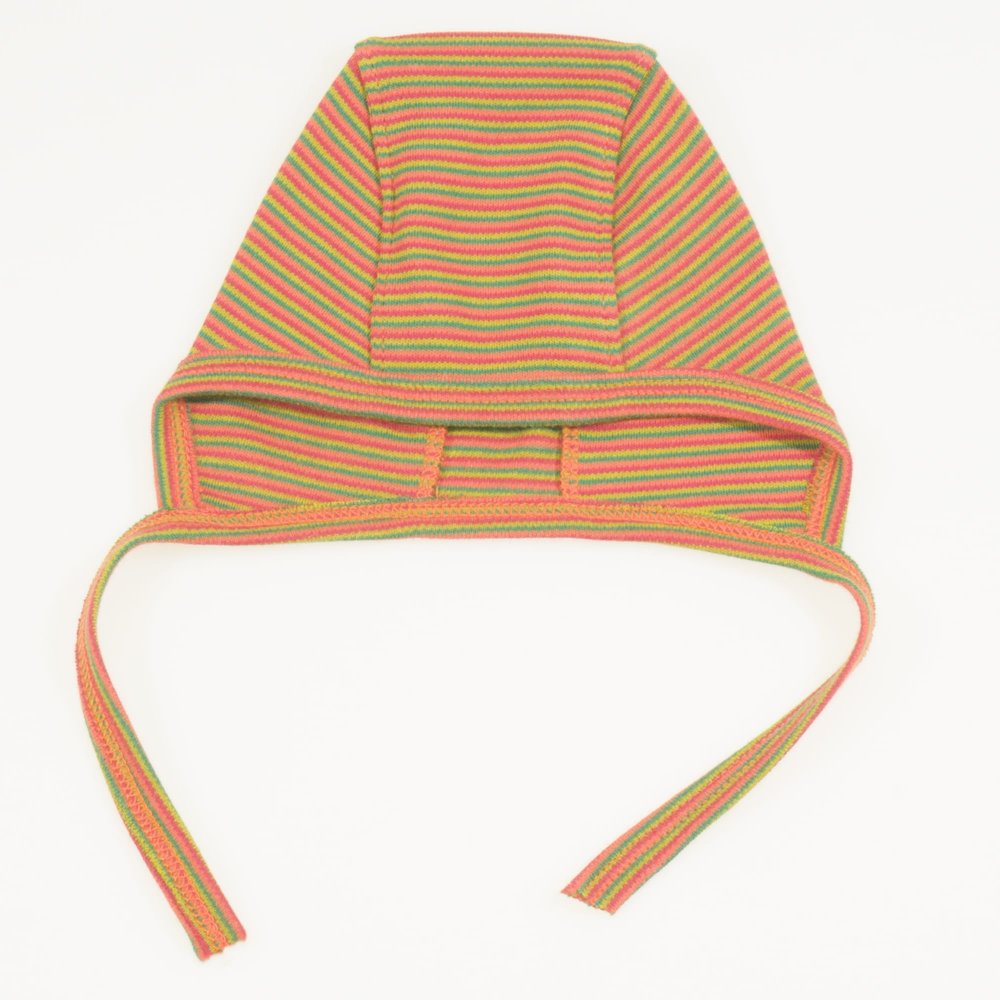 Brown organic cotton baby bonnet with colored stripes print| liloo 