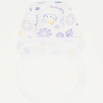 White baby bonnet with "Hello Kitty" print