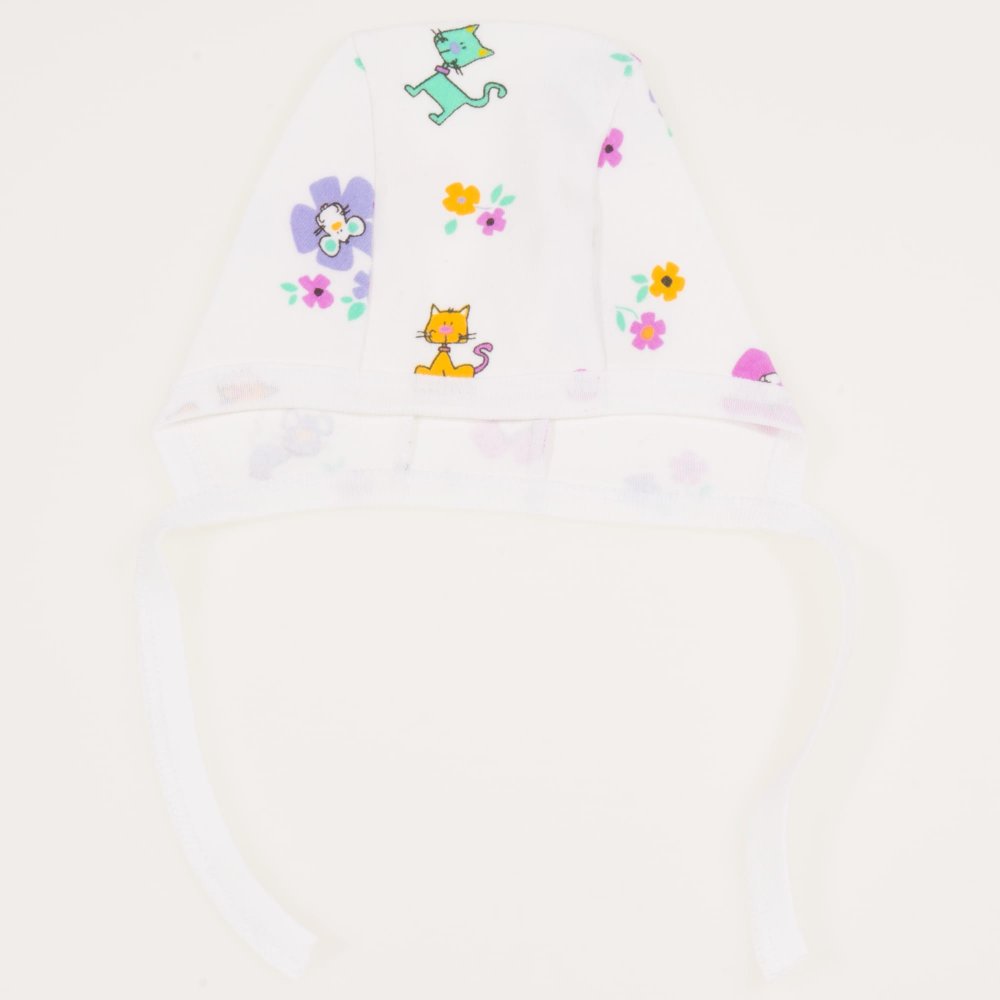 White baby bonnet with kittens and flowers print | liloo