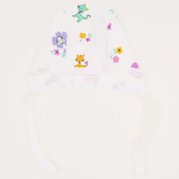 White baby bonnet with kittens and flowers print