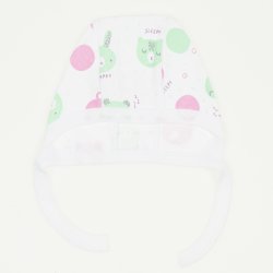 White baby bonnet with sleepy and happy print