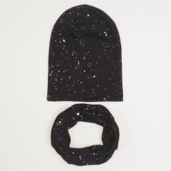 Set fez and circular scarf - black with white splashes print