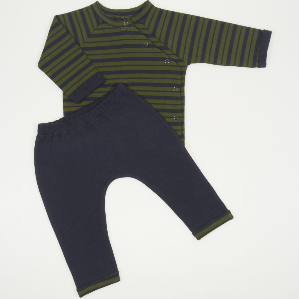 Dark blue baby suit 2 pieces with khaki stripes - premium multilayer material | liloo