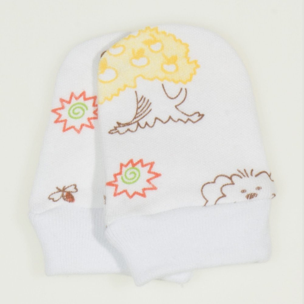 White newborn gloves with animals print with yellow | liloo