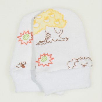 White newborn gloves with animals print with yellow | liloo