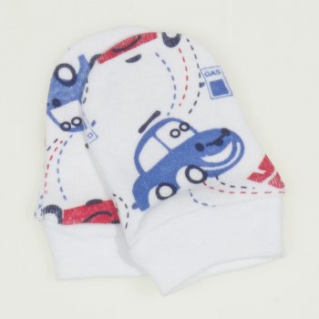 White newborn gloves with cars print