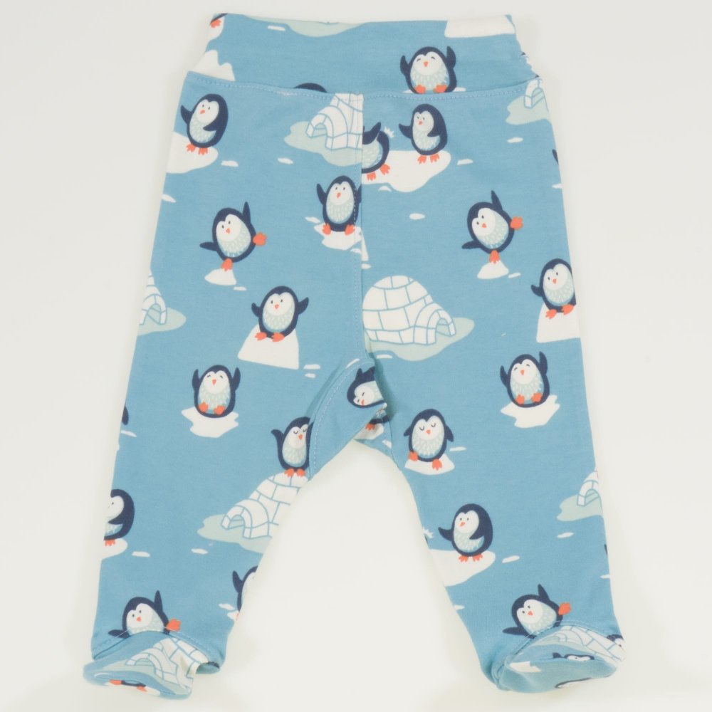 Pantaloni cu botosei banda bumbac organic - aqua imprimeu model pinguini | liloo