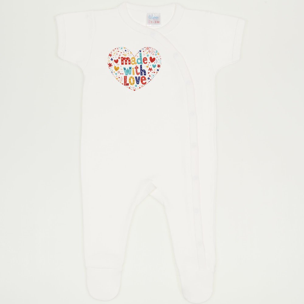 Blanc de blanc short-sleeve sleep & play with footies with "made with love" print | liloo