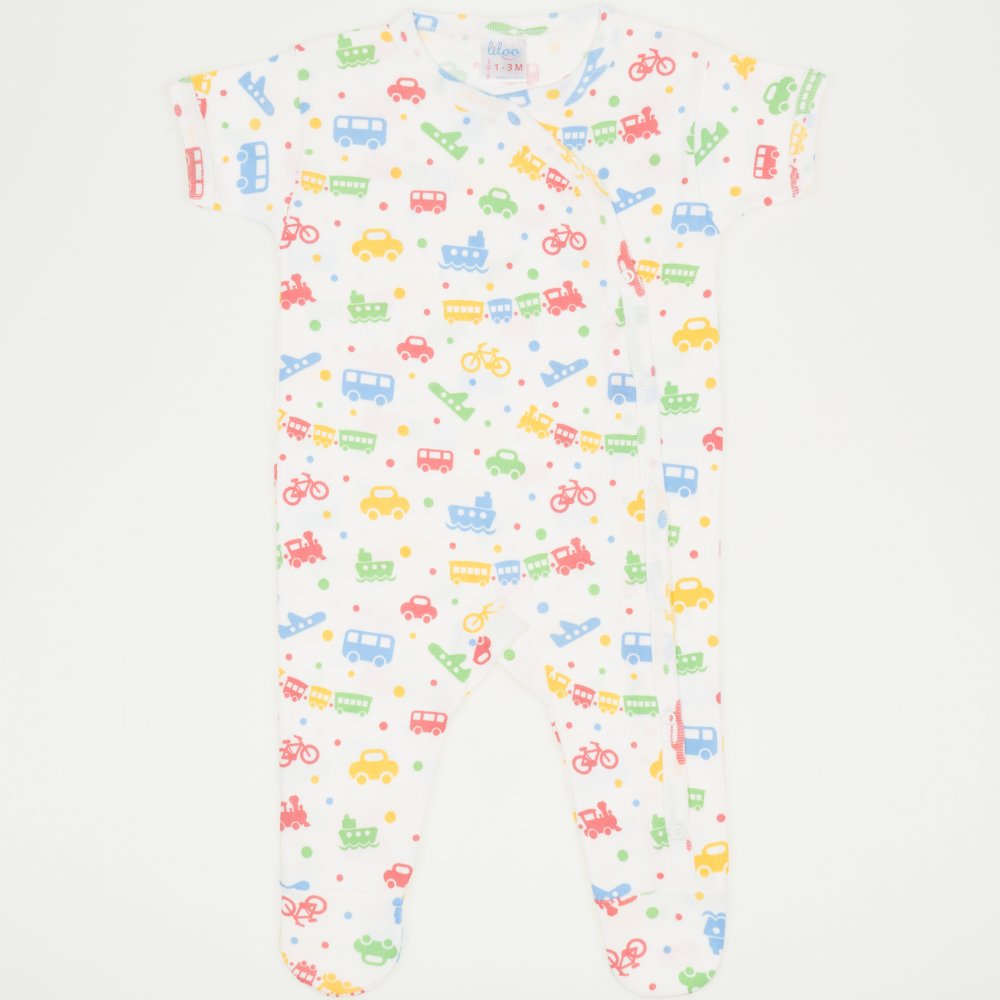 White short-sleeve sleep & play with footies with transport toys print | liloo