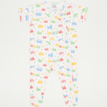 White short-sleeve sleep & play with footies with transport toys print