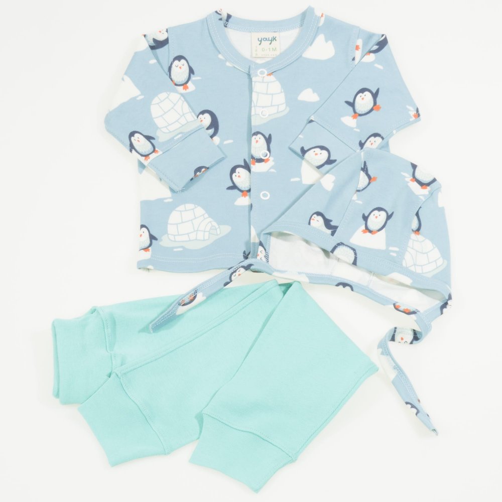 Baby set 3 pieces in organic cotton aqua with penguins | liloo