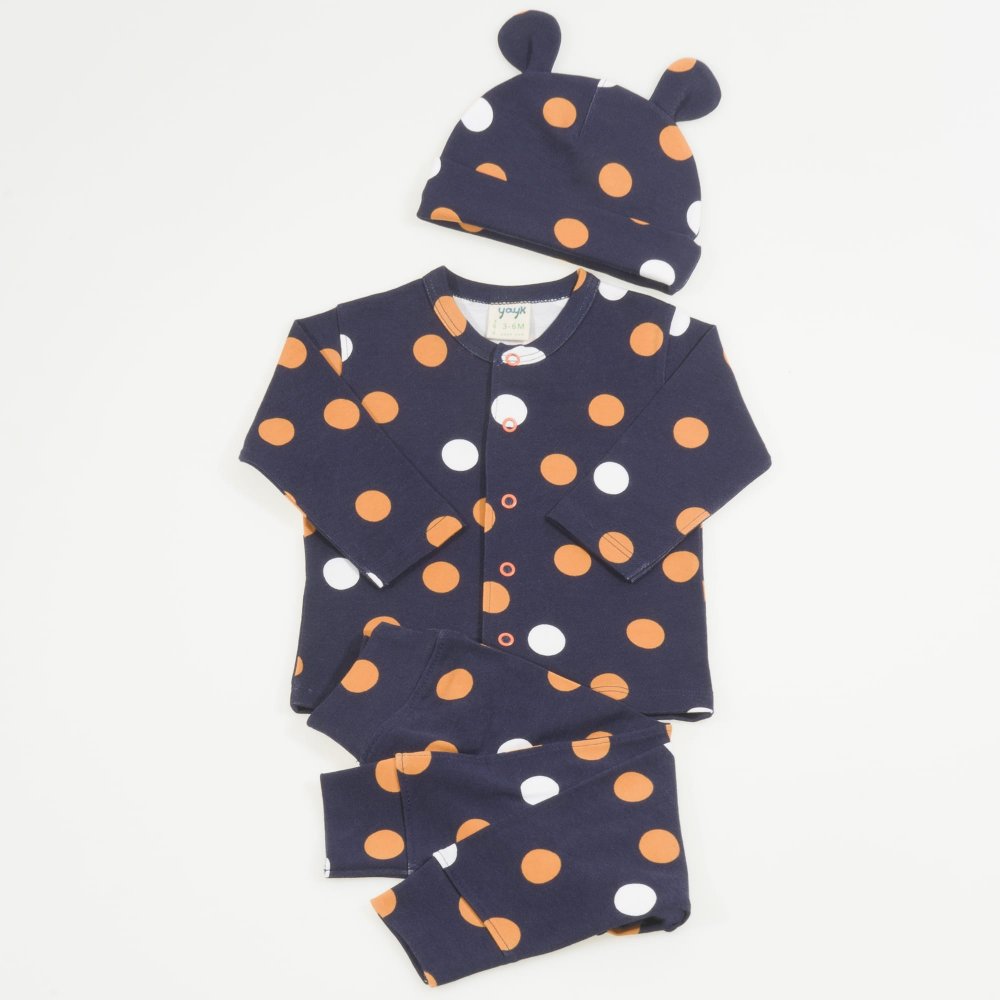 Organic cotton navy blue polka dot baby suit| liloo