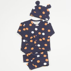 Navy organic cotton baby suit with polka dots
