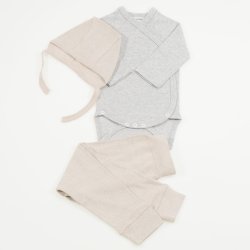 3-piece baby set in gray and beige organic cotton