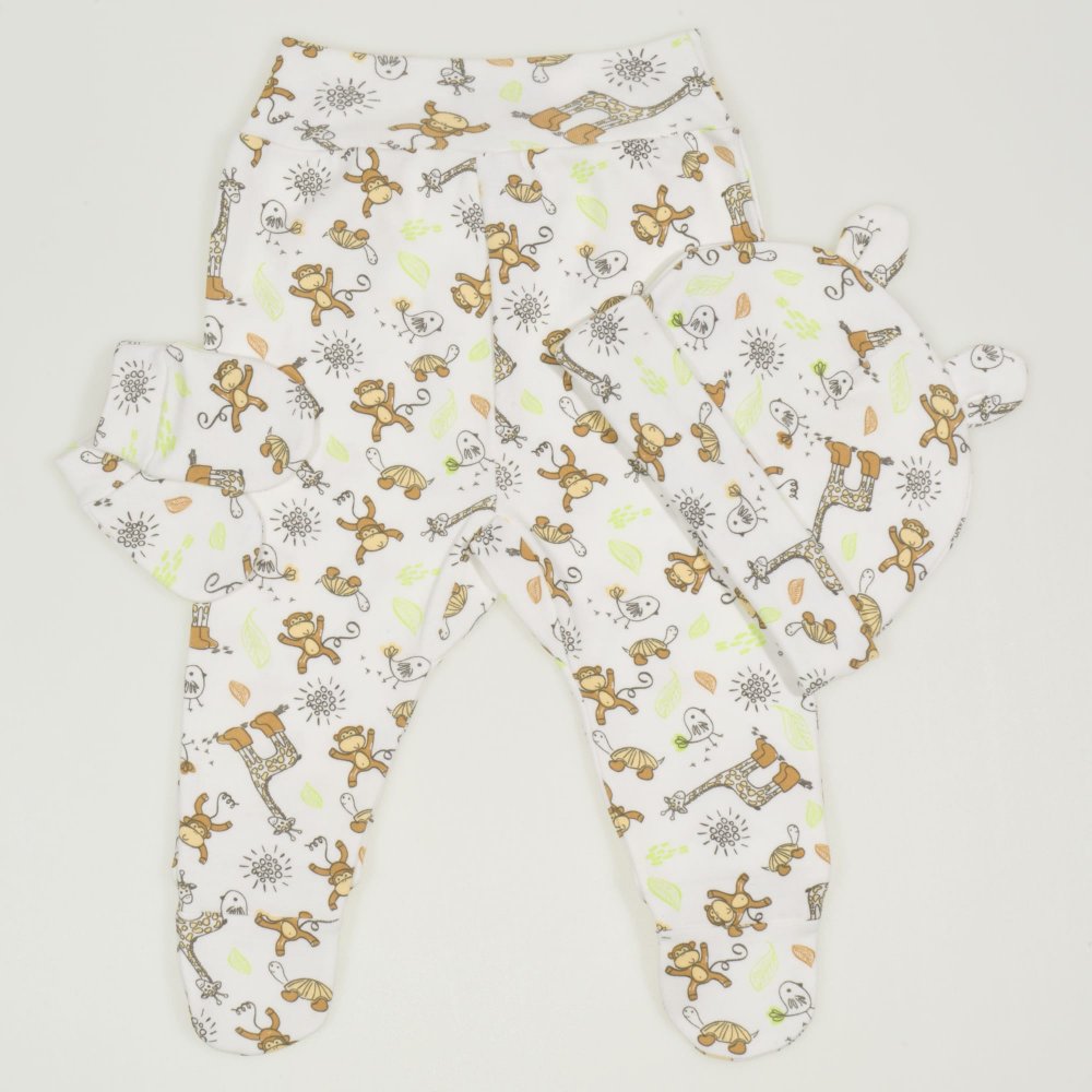 Set bebelusi - pantaloni, caciulita si manusi - imprimeu model jungle | liloo