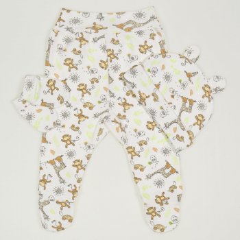 Set bebelusi - pantaloni, caciulita si manusi - imprimeu model jungle