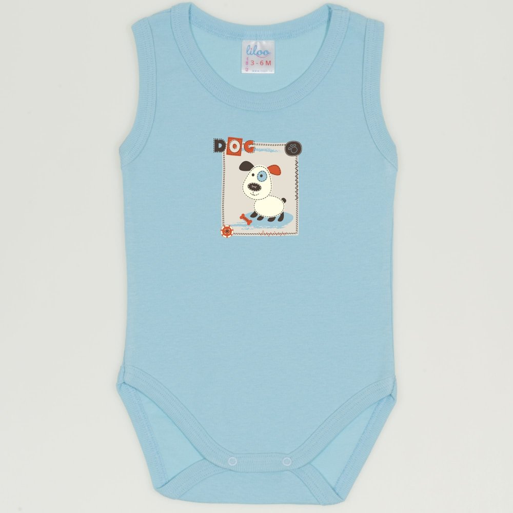 Blue petit four sleeveless bodysuit with puppy print | liloo 