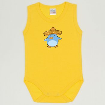 Dandelion yellow sleeveless bodysuit with penguin chick with sombrero print