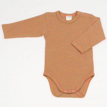 Brown organic cotton long-sleeve bodysuit with colorful stripes print