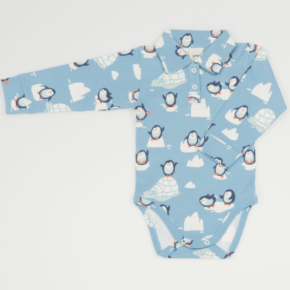 Aqua long-sleeve bodysuit with collar - organic cotton with penguins print | liloo