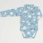 Body maneca lunga cu guler - bumbac organic aqua imprimeu model pinguini | liloo